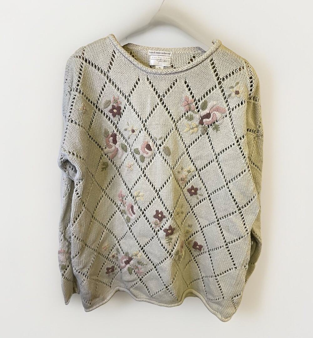 Vintage Van Heusen For Her XL Hand Embroidered Floral Argyle Sweater 55% Ramie